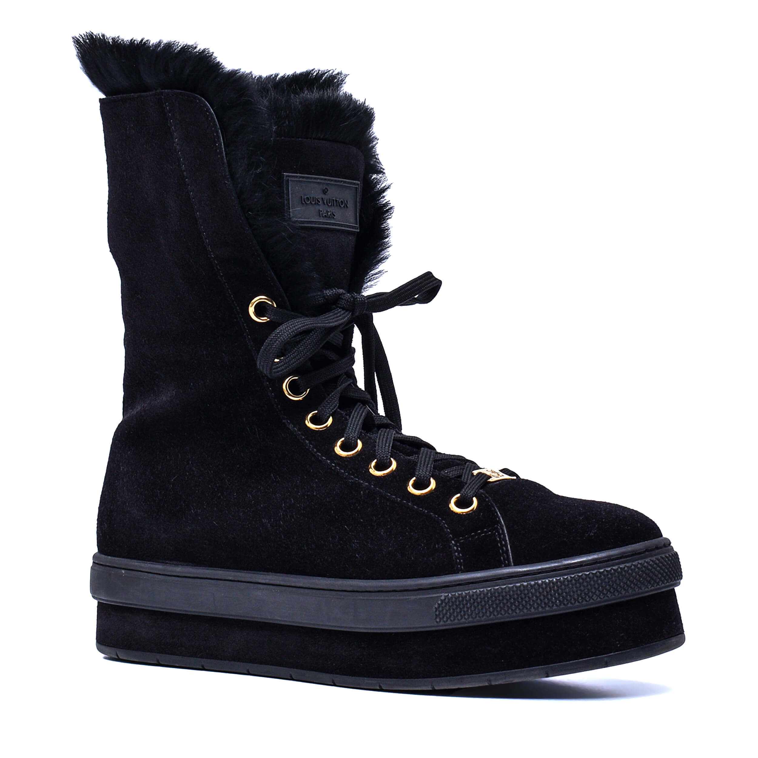 Louis Vuitton - Black Suede & Rabbit Fur Lace Up Jazzy Boots / 37